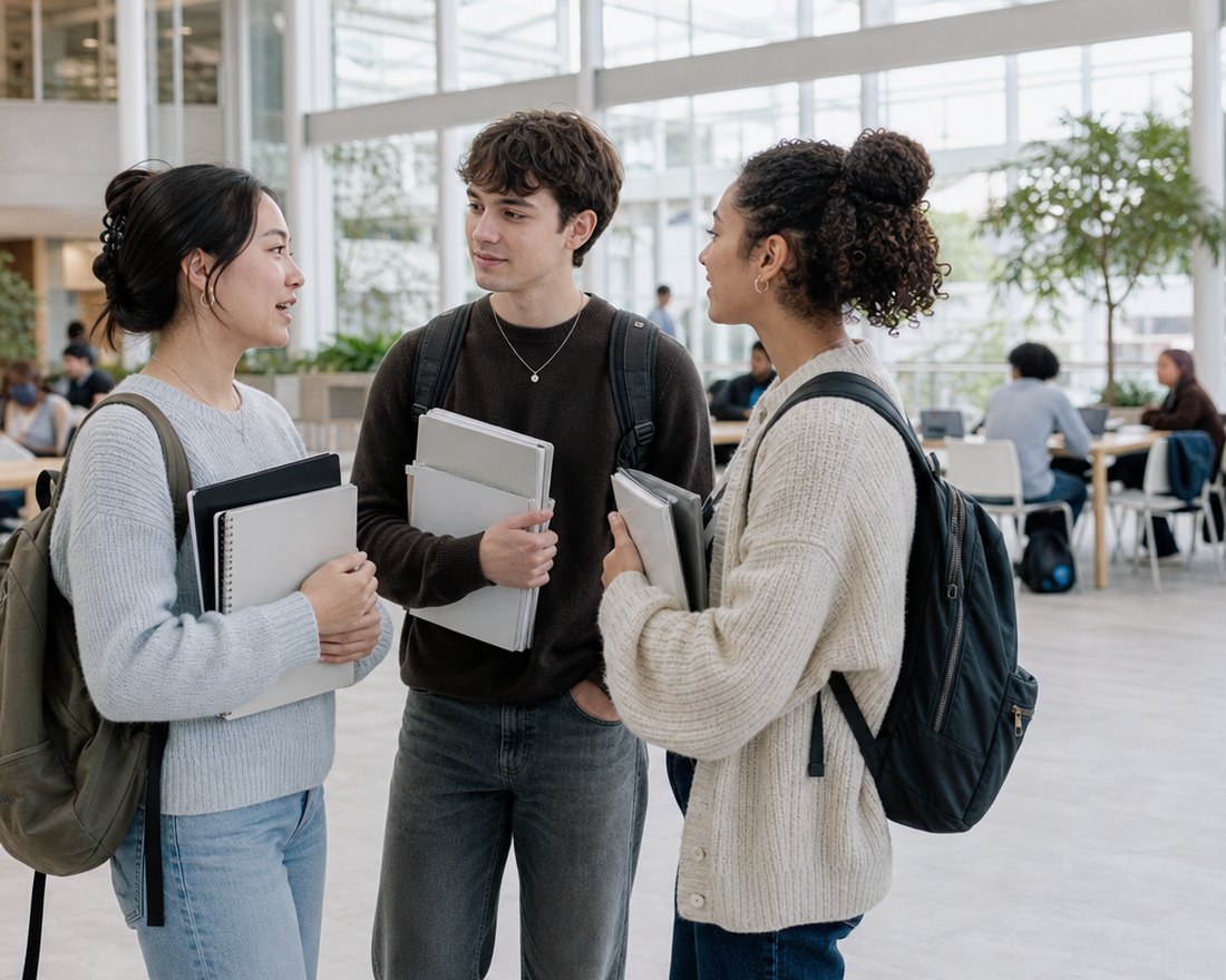 Three students talking together in a university corridor between classes