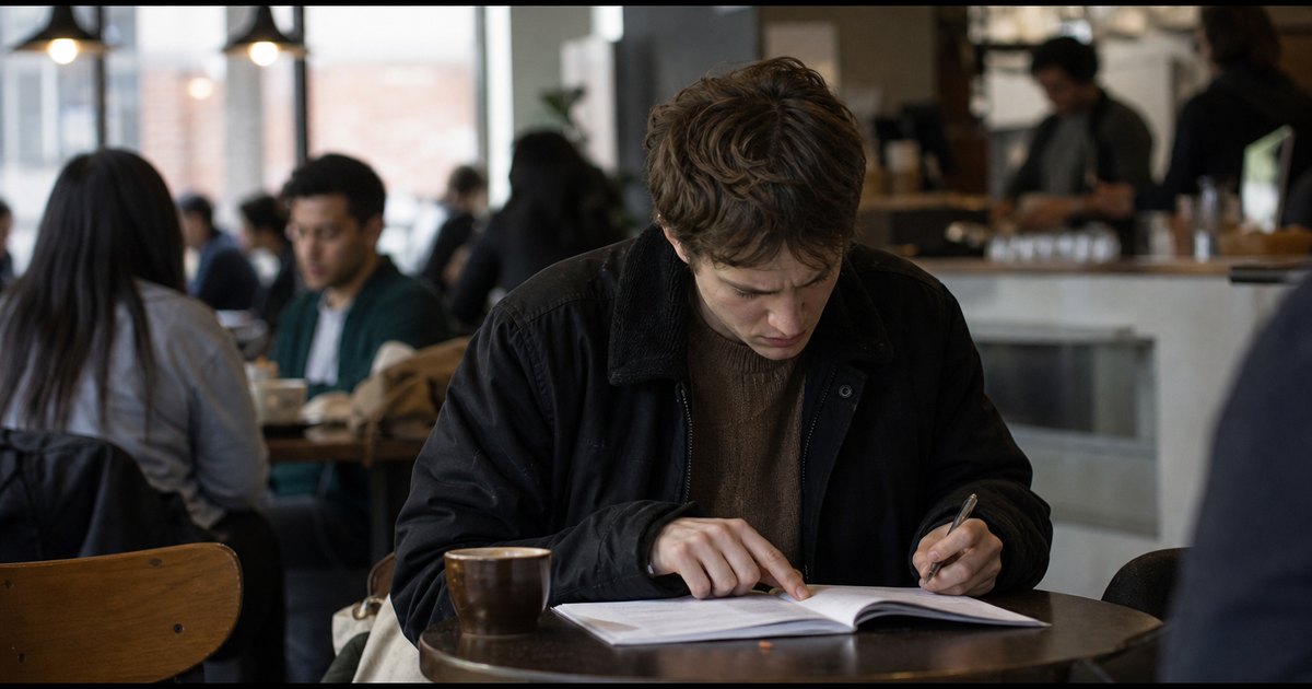 Student at a cafe table studies a marked-up term paper example beside a rubric.