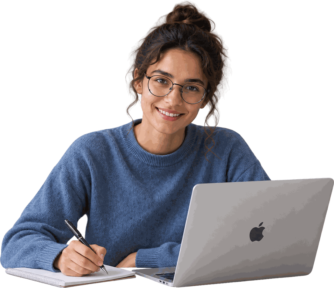 A student writing in a notebook beside an open laptop