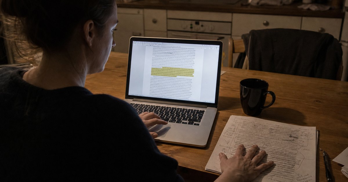 A student reads highlighted passages on screen beside the draft she has corrected by hand.