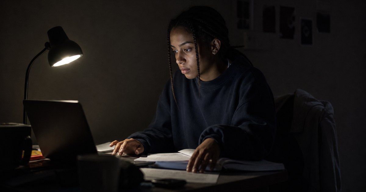 A student sits at a desk at night, looking at a half-written assignment on a laptop.