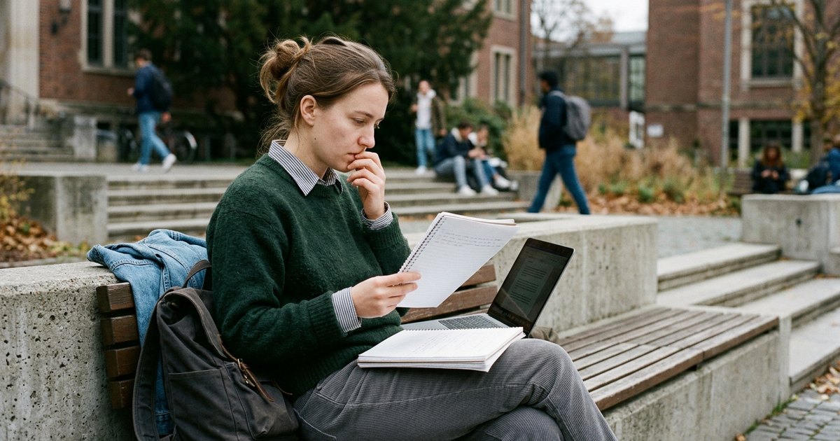 A young woman sits outside on a bench, reading a printed page beside an open laptop balanced on her knee.