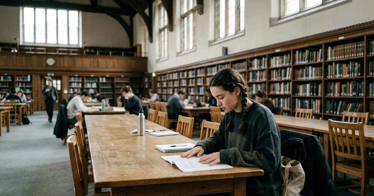 A young woman sits alone in a large library reading room, head bowed over a document on the table before her.