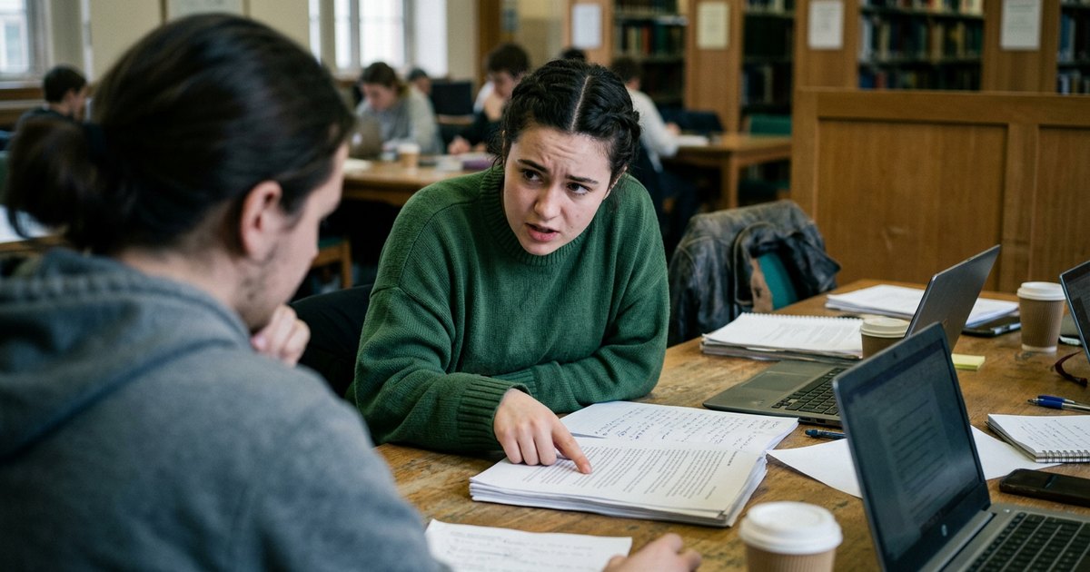 Two students at a library table reviewing a printed paper together, one pointing to a line of text.