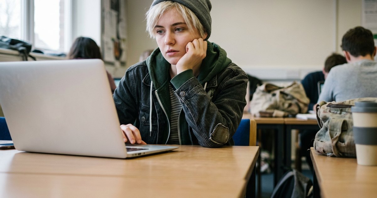 A young woman stares at a laptop screen, chin resting on her hand, at a plain desk.