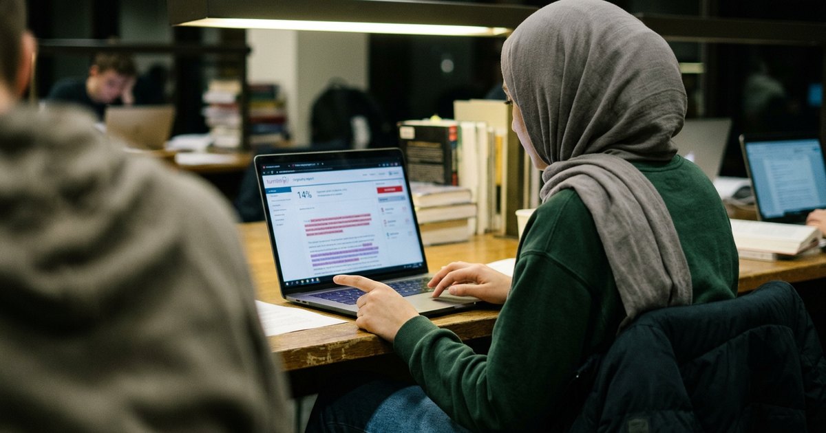 Over-shoulder view of a young woman reading a Turnitin similarity report on a laptop screen in a quiet library.