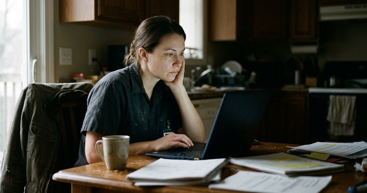 A woman in work clothes reads a laptop screen at an untidied kitchen table early in the morning.