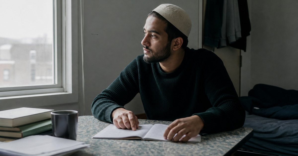 A student pauses over handwritten dissertation notes at a dorm table.