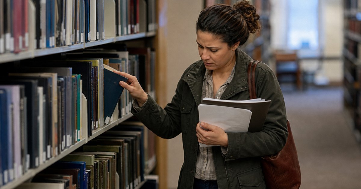 Woman in a library aisle pulls a book from a shelf while reading an assignment prompt.