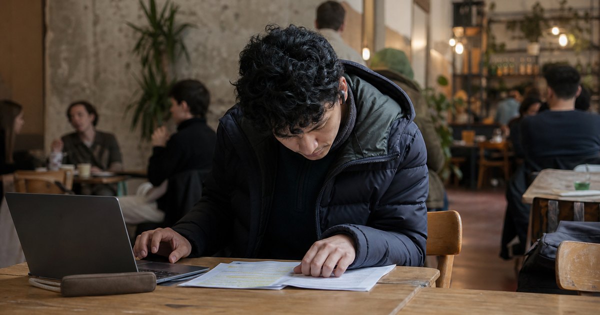 A student reviews a rubric and notes at a crowded cafe table.