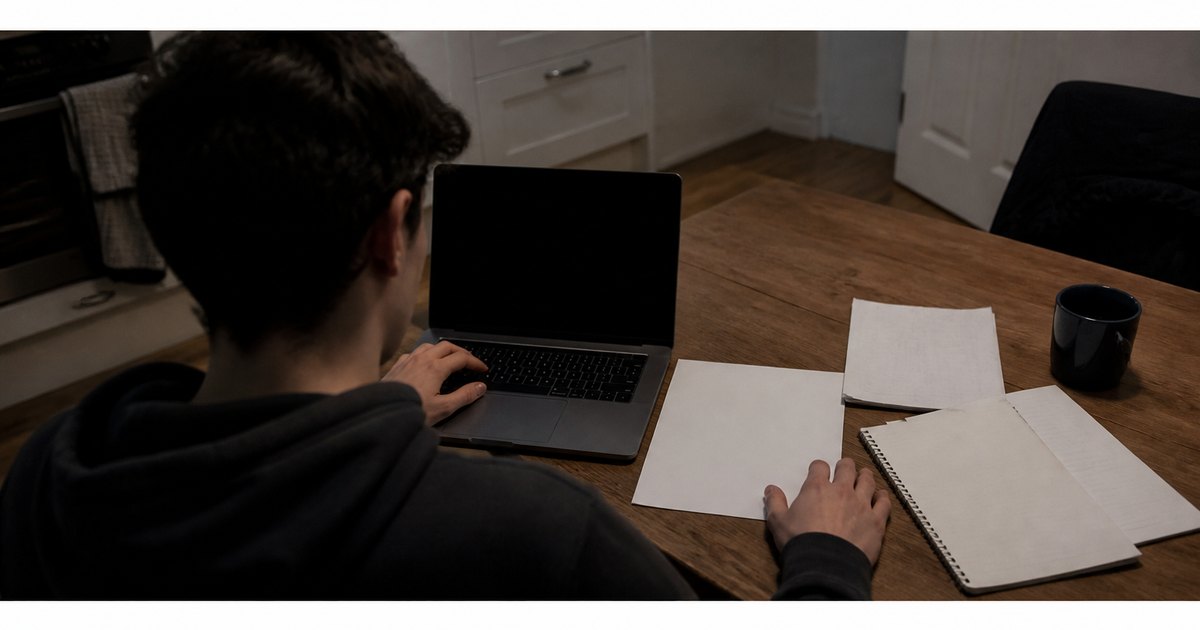 A student pauses over a laptop and notebook while planning a creative essay.