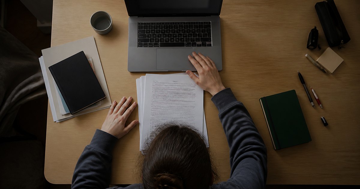 Hands pause over a marked-up dissertation draft beside a laptop and coffee.