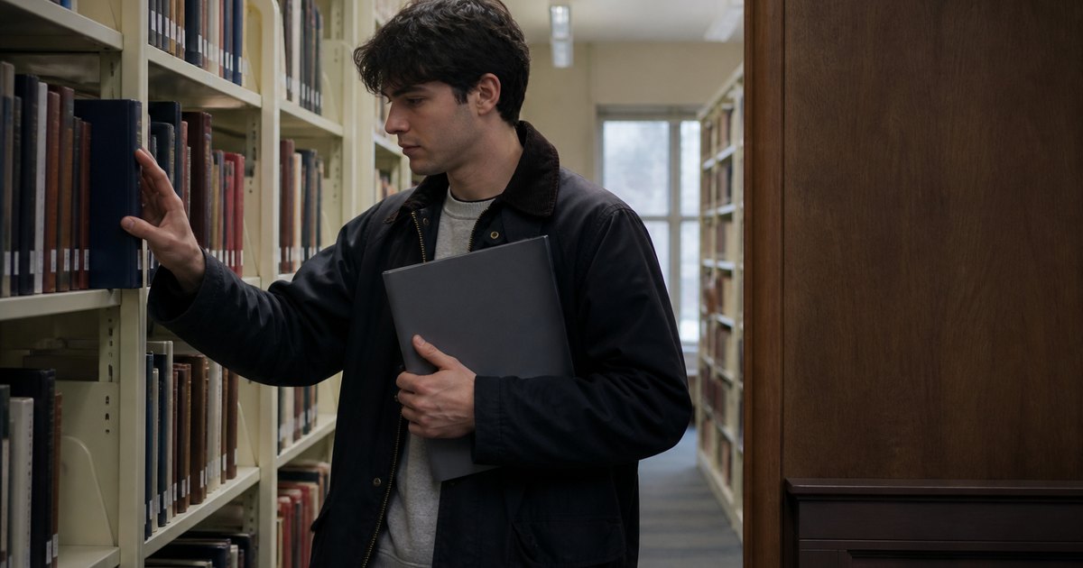 Student pulling a law book from a library shelf while holding a folder.
