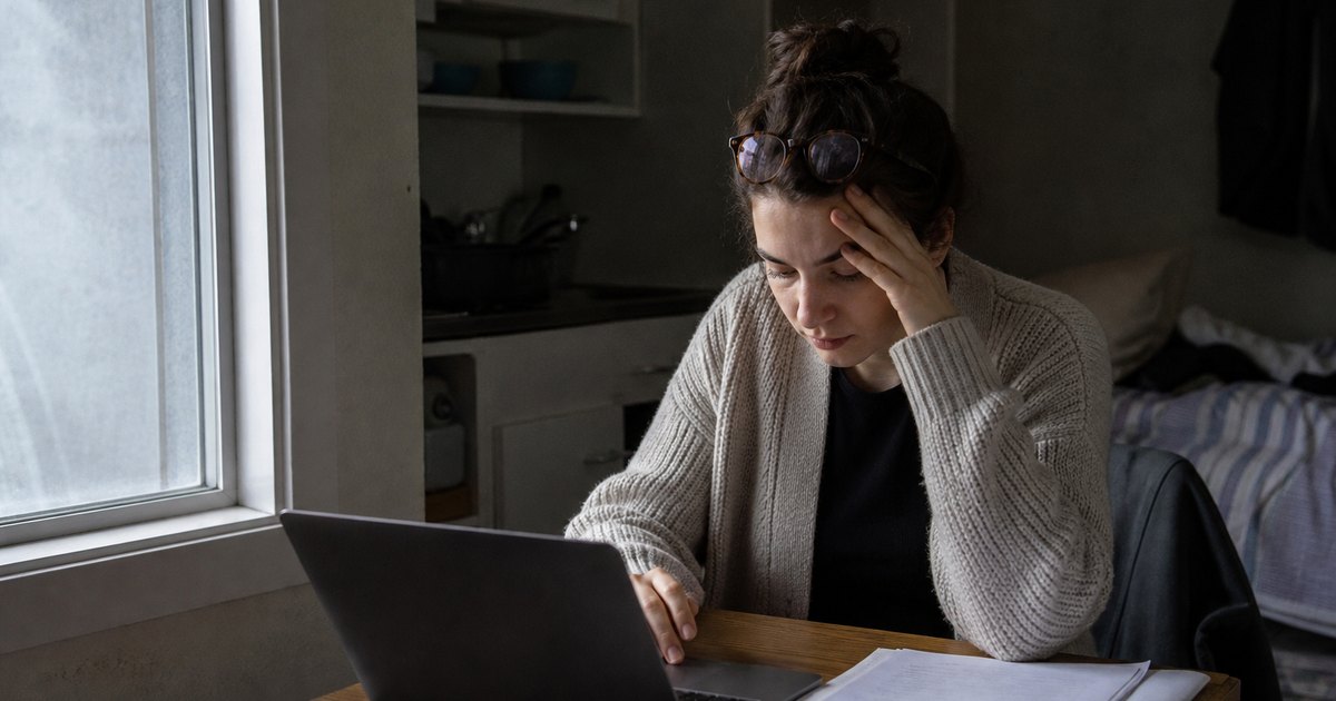 A nursing student studies assignment notes at a small table beside her laptop.