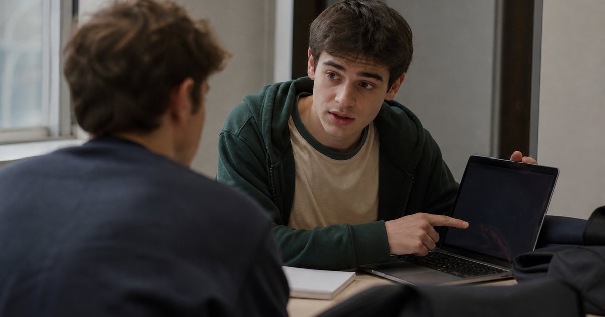 Two students review an online order form at a study table.