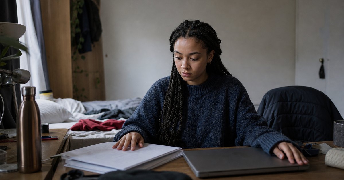 A student sits at a cluttered desk with proposal notes and an unopened laptop.