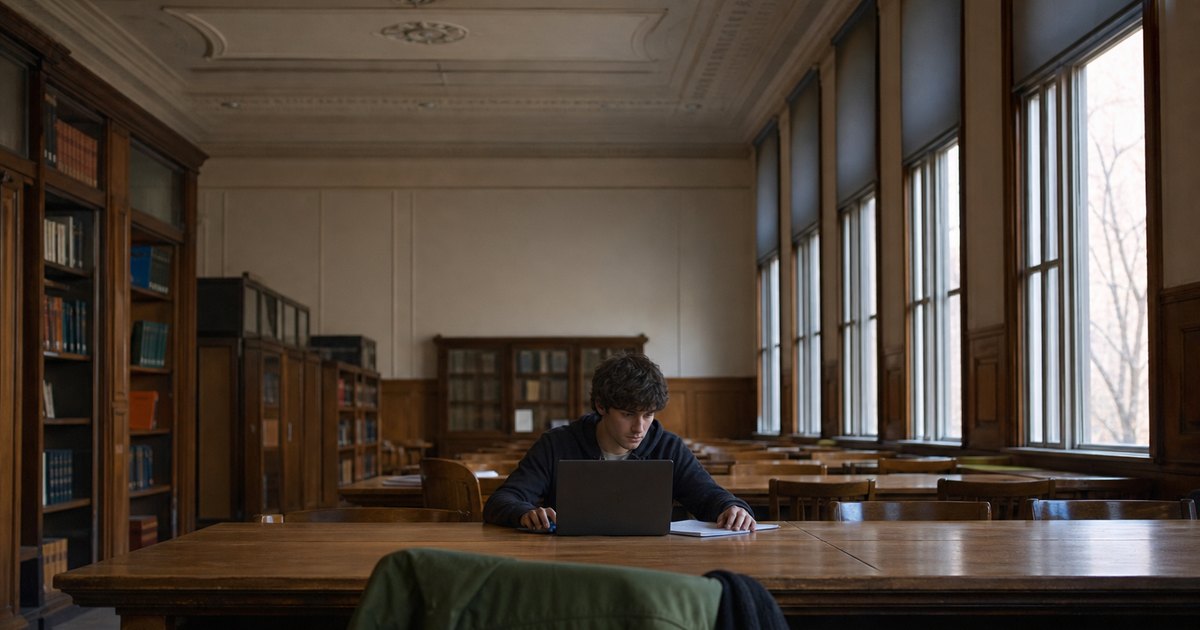 Student sits alone in a library with a laptop and notes.