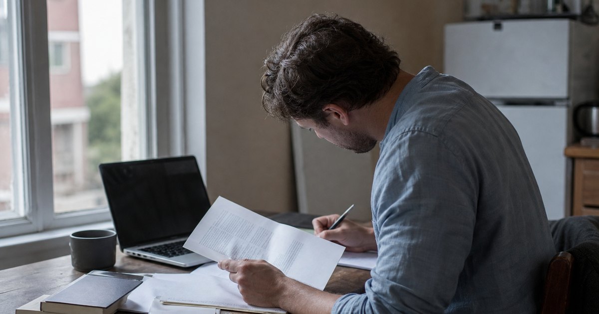A man reviews notes and a laptop at a kitchen table, focused on a draft.